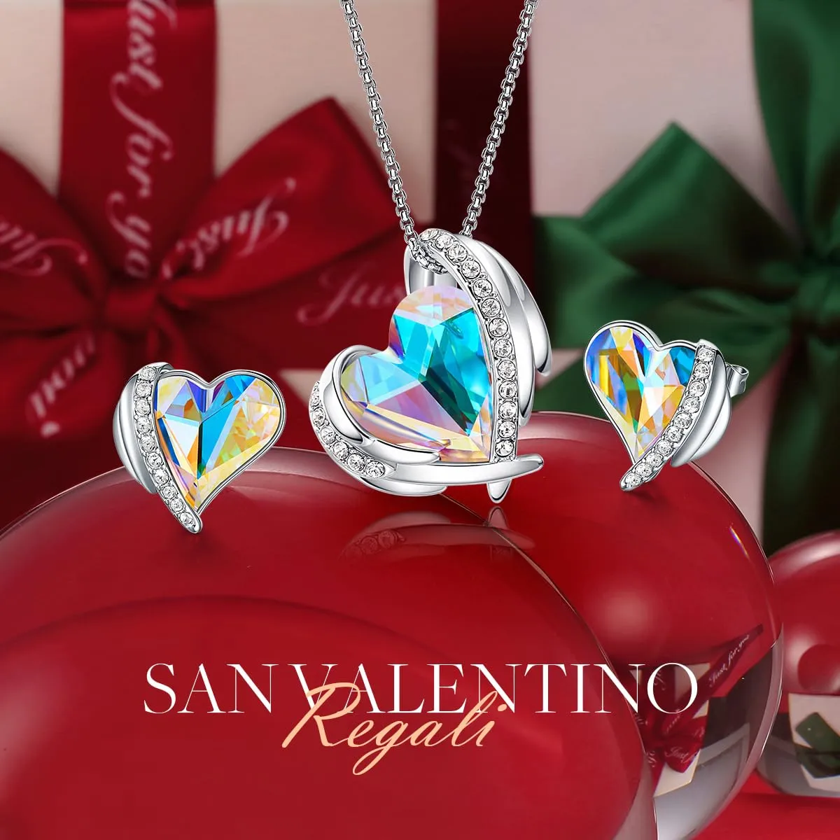 CDE Parure Collana Orecchini Cuore Rosa Cristalli Scatola Regalo