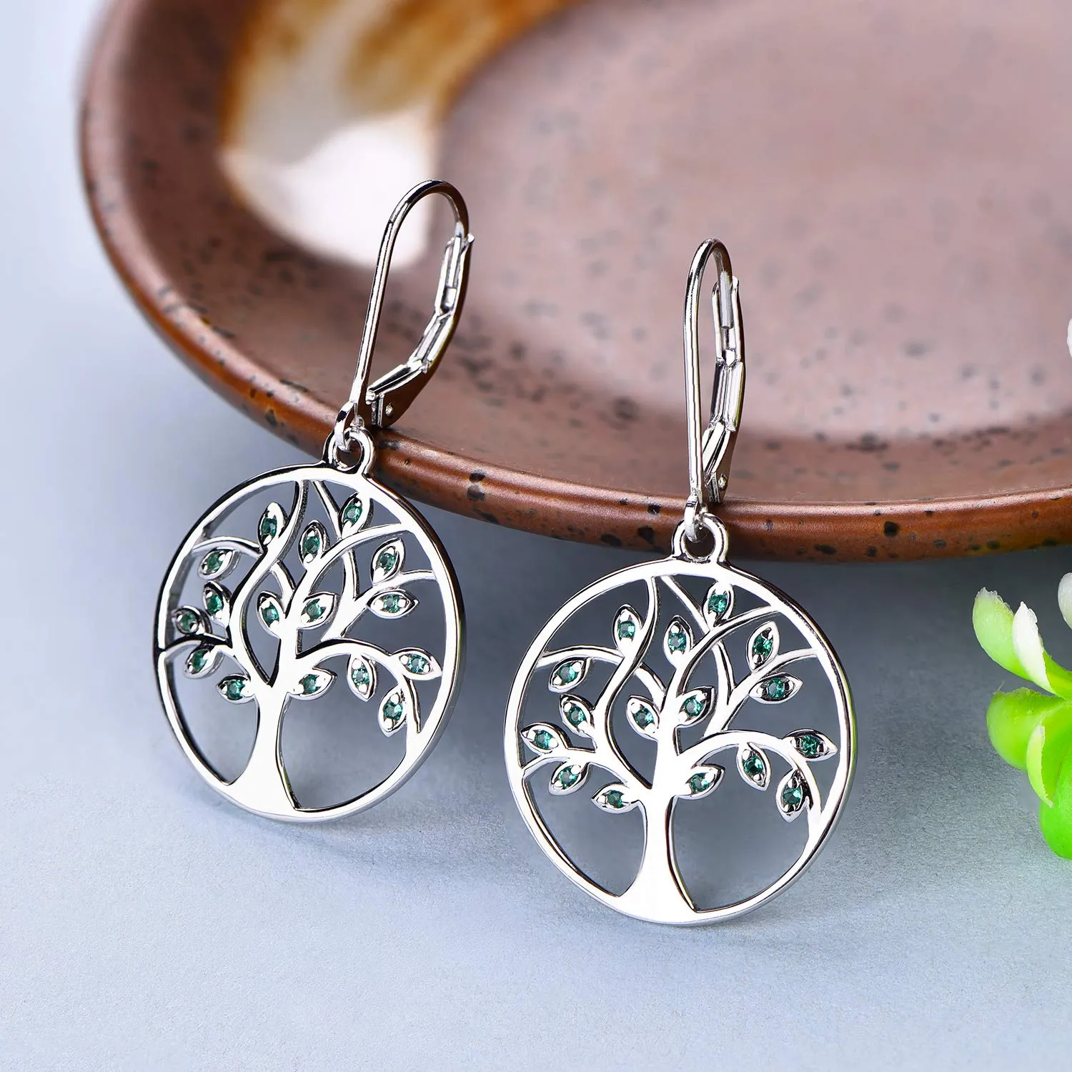 YL Albero della Vita Orecchini Argento 925 Verde Smeraldo