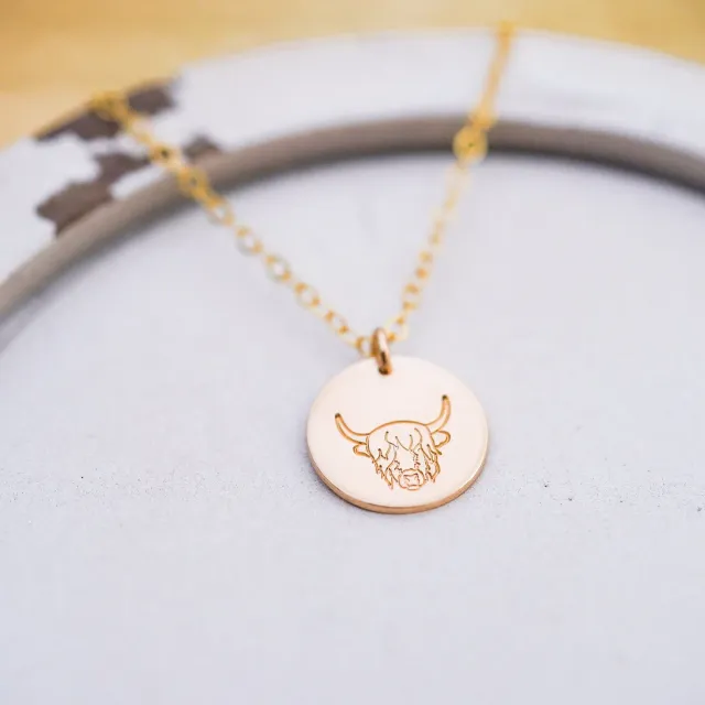 WordsByHeartCo Highland Cow collana disco argento 925 18" fatto a mano