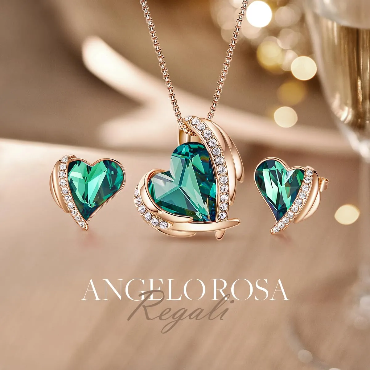 CDE Parure Collana e Orecchini Cuore Oro Rosa con Cristalli