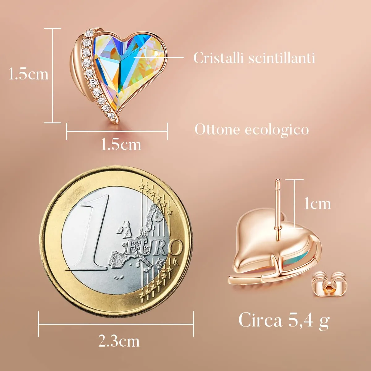 CDE Orecchini a Bottone Cuore Oro Rosa Senza Nichel