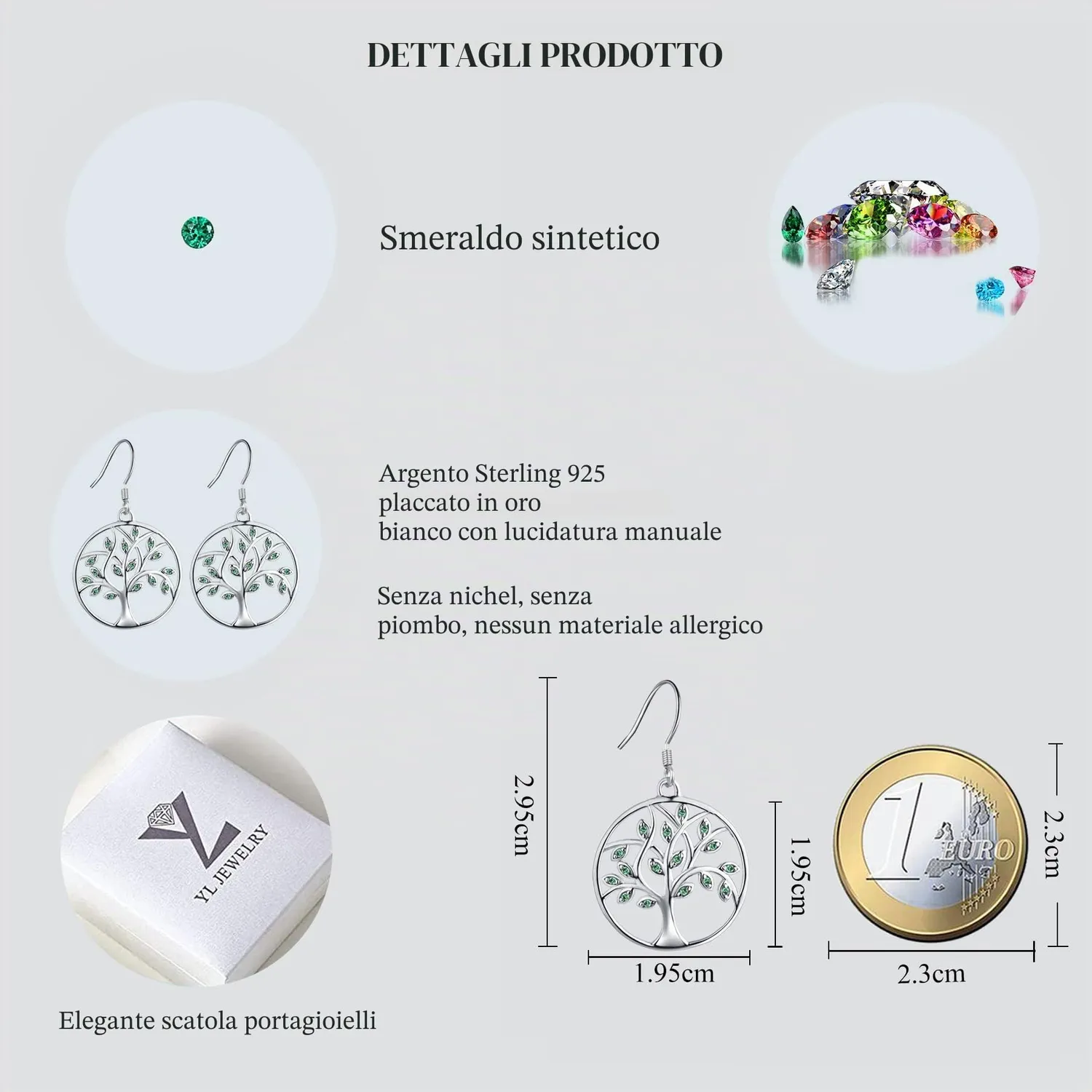 YL Albero Vita orecchini argento 925 smeraldo simulato