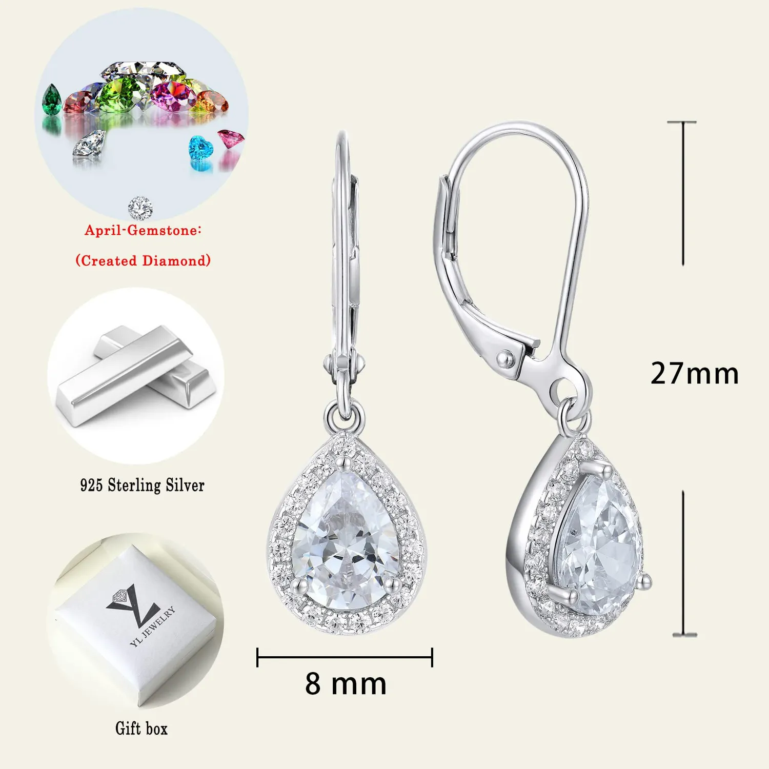 YL orecchini pera argento 925 pietra aprile zirconia