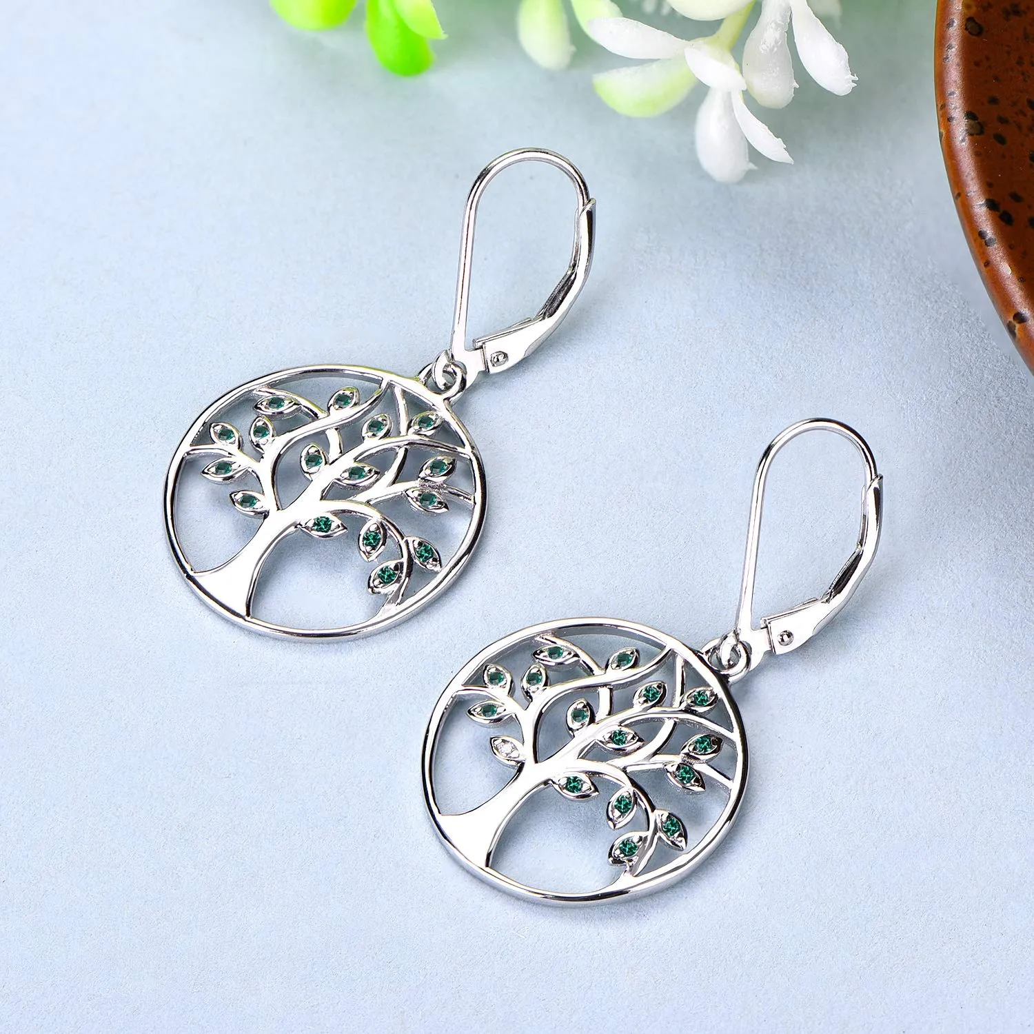 YL Albero della Vita Orecchini Argento 925 Verde Smeraldo