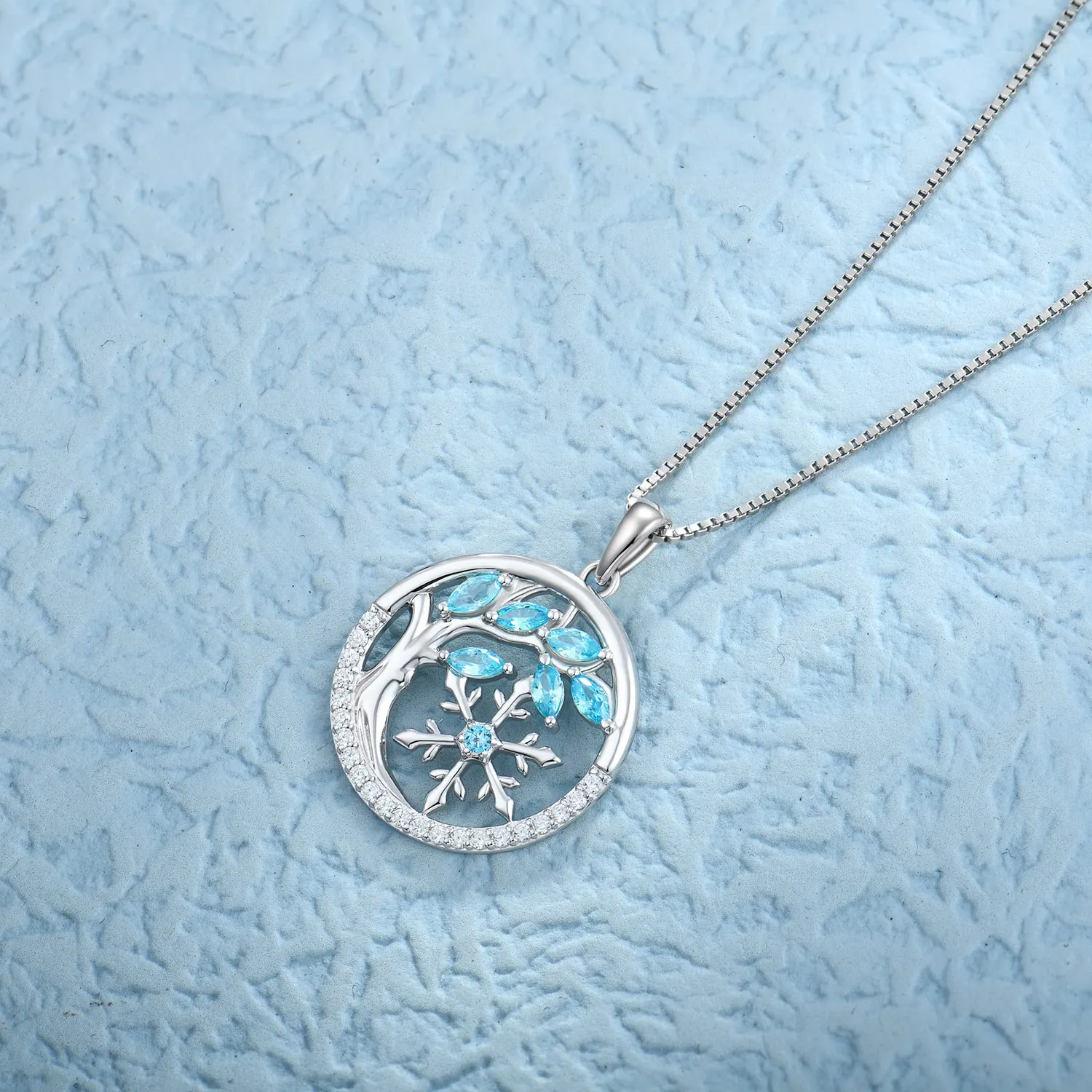 YL Albero Vita Fiocco Neve collana argento 925 acquamarina marzo