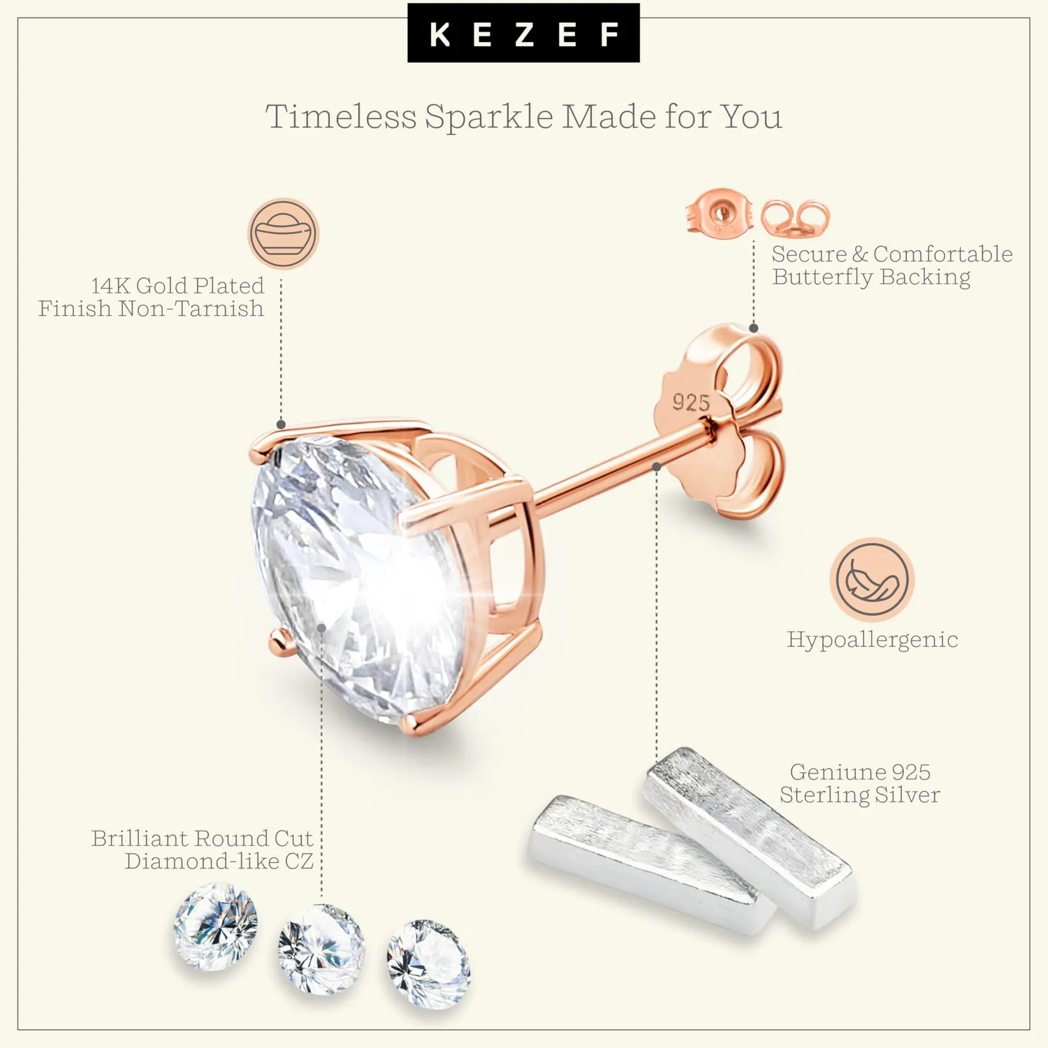 Kezef orecchini argento 925 zirconia 3 mm placcato oro
