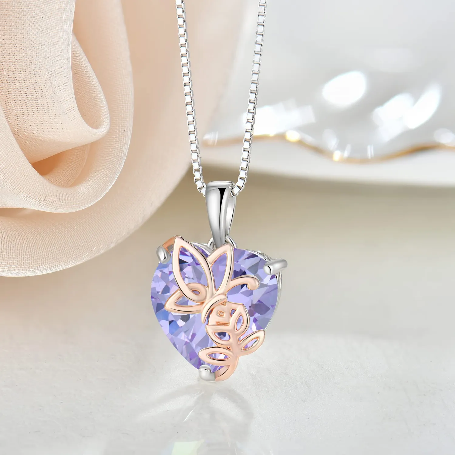 YL Rosa Farfalla Cuore collana argento 925 alessandrite giugno