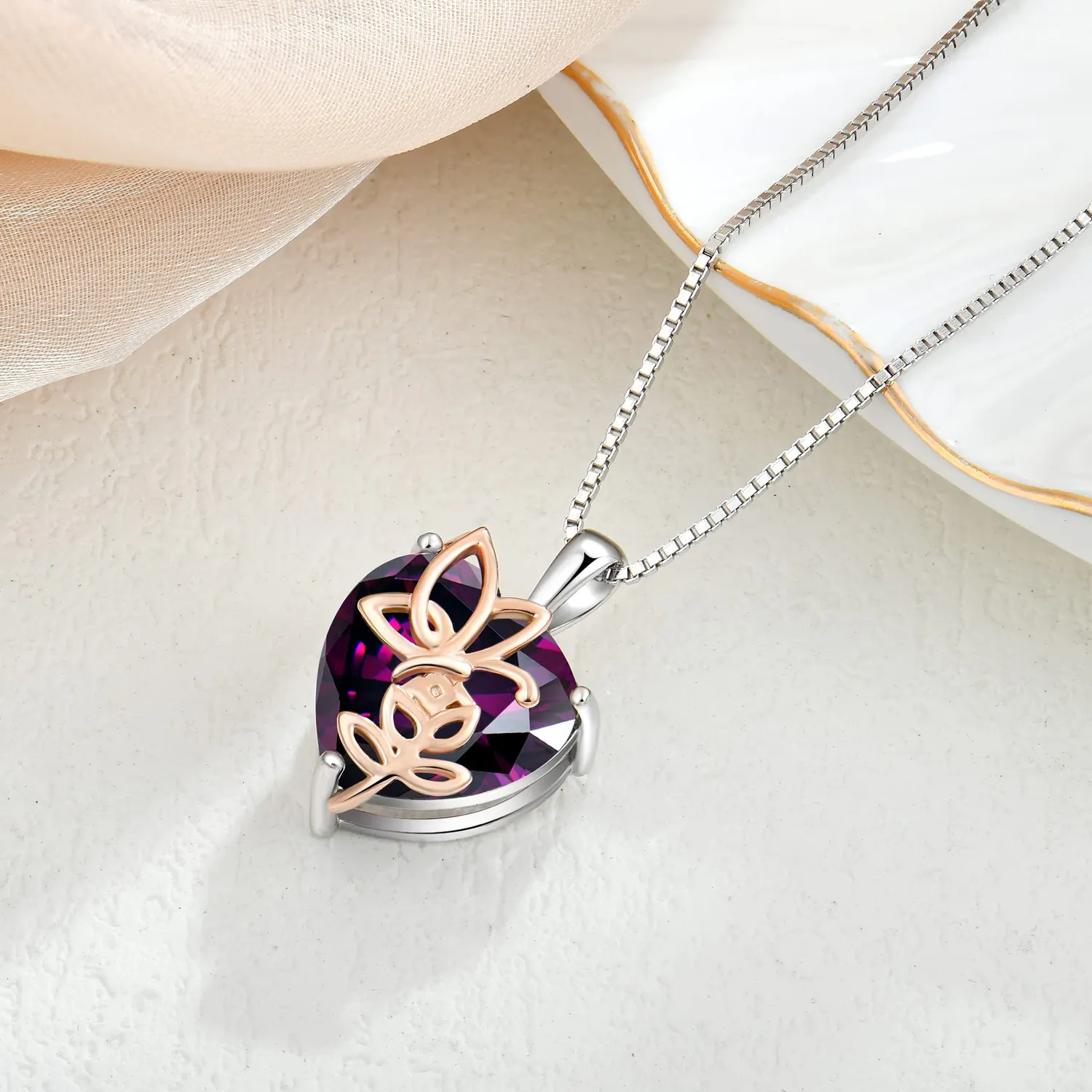 YL Rosa Farfalla Cuore collana argento 925 ametista febbraio