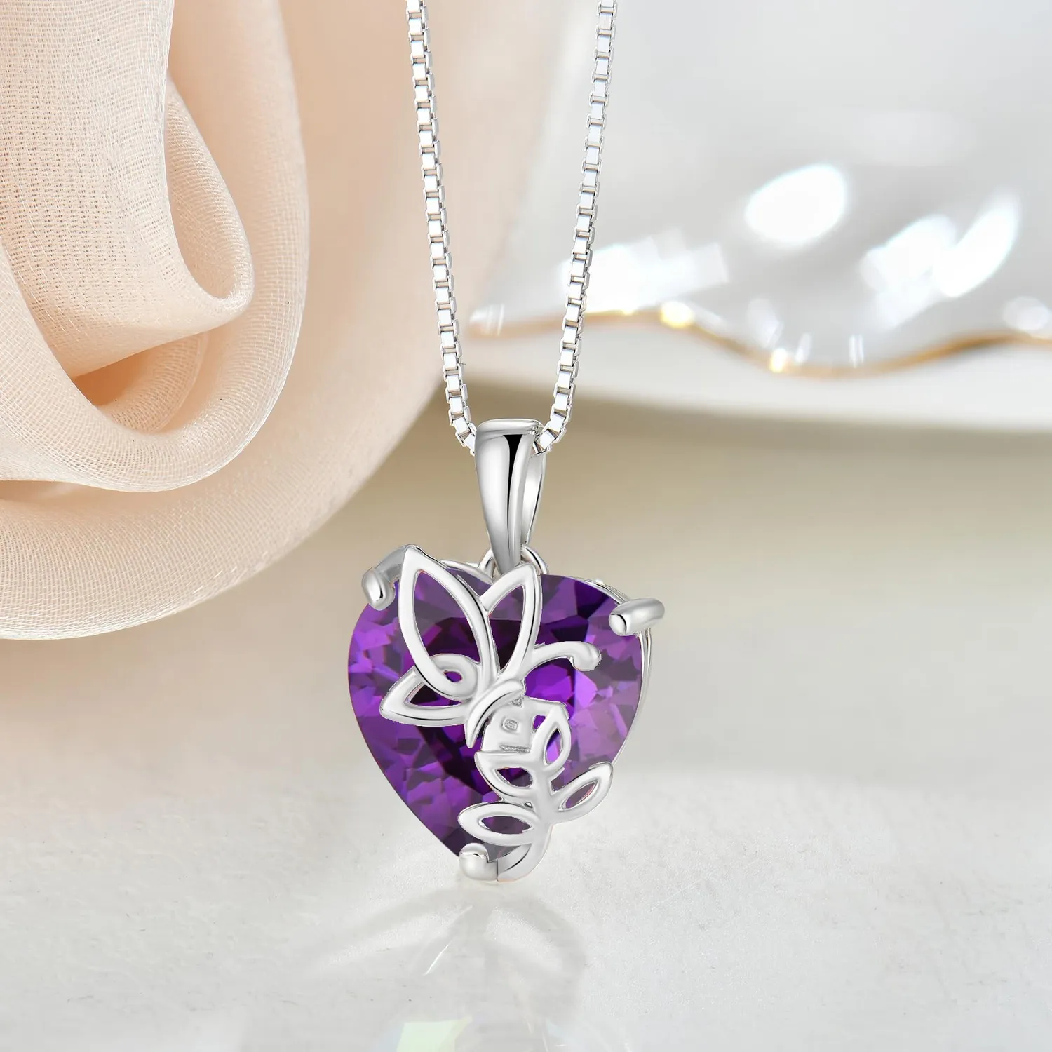 YL Rosa Farfalla Cuore collana argento 925 ametista febbraio