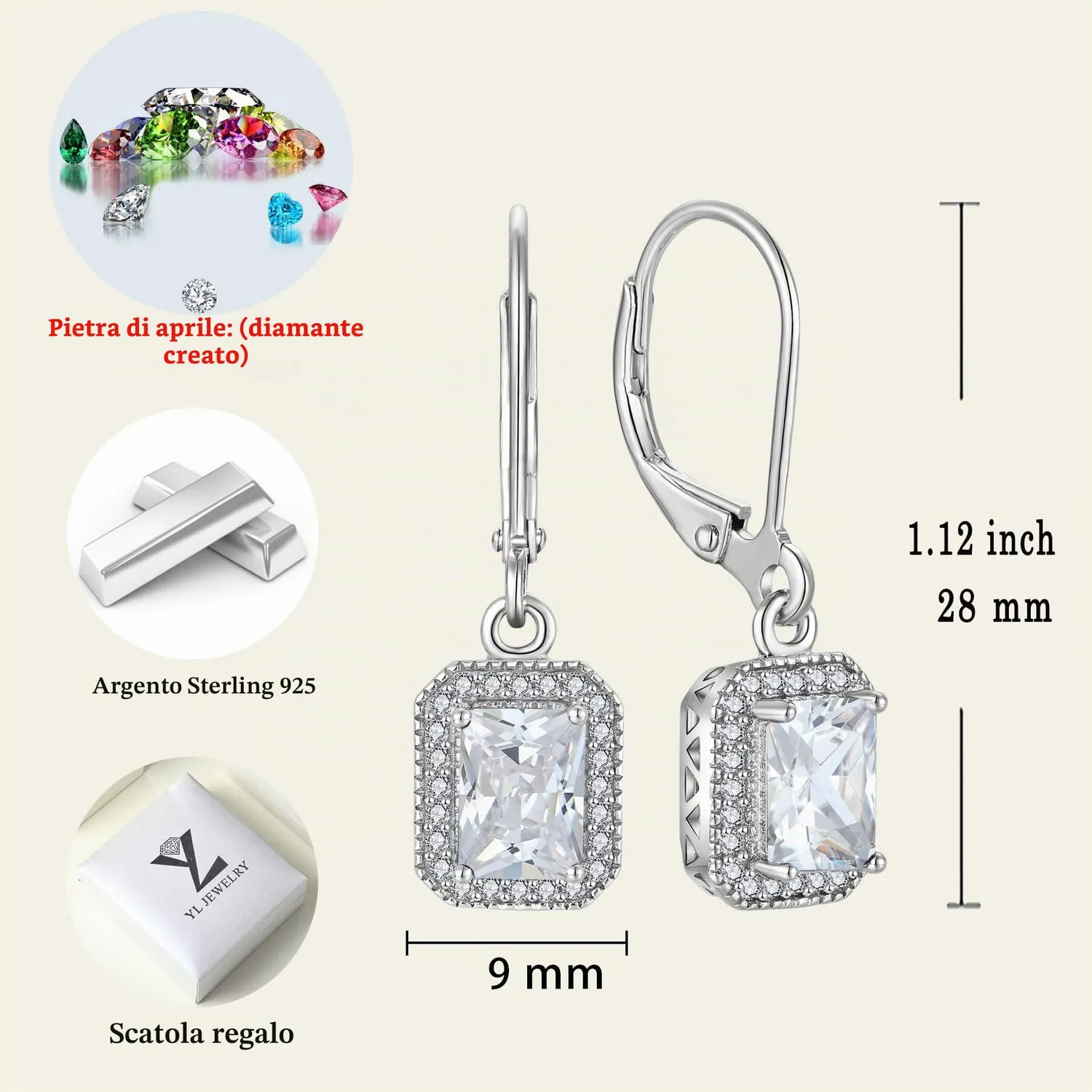 YL Rettangolare orecchini argento zirconia aprile