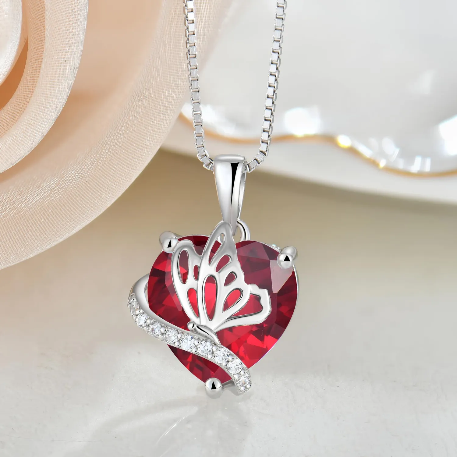 YL Farfalla Cuore collana argento 925 rubino luglio