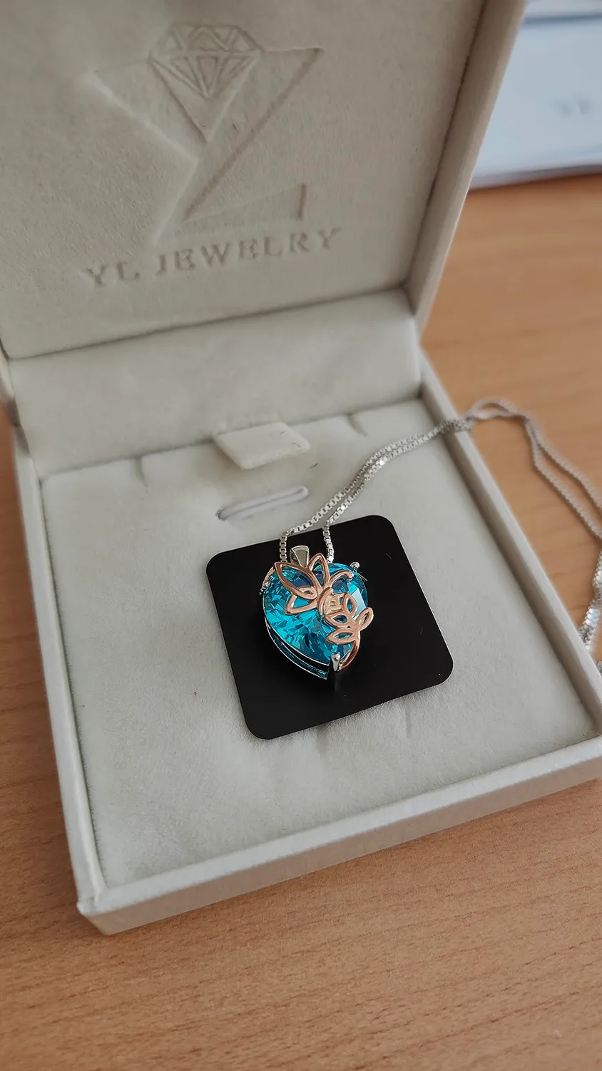 YL Rosa Farfalla Cuore Collana Argento 925 Acquamarina