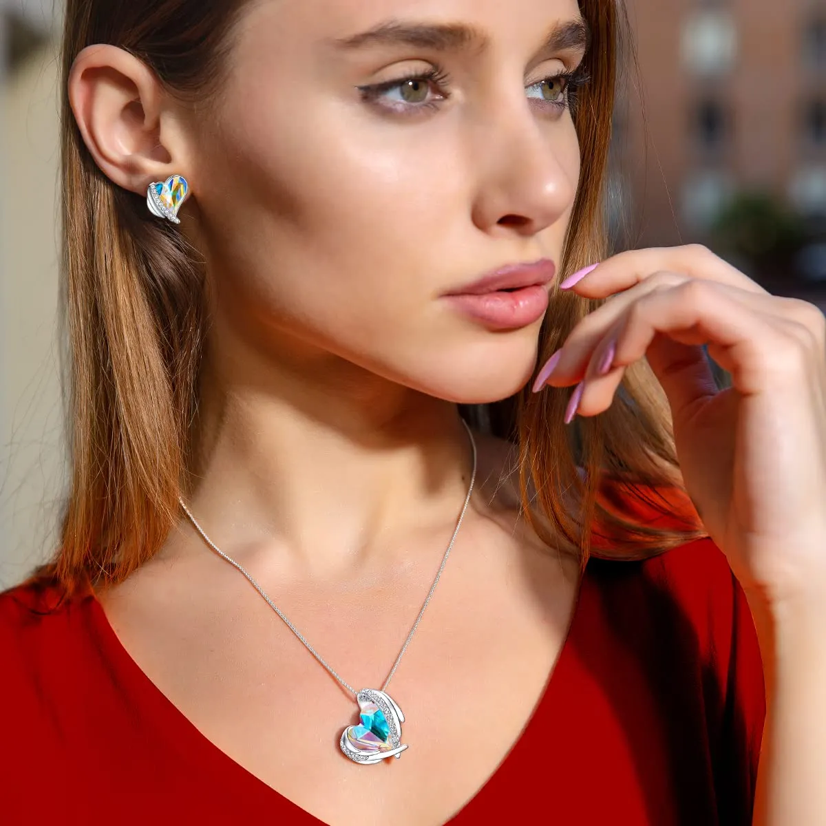 CDE Parure Collana Orecchini Cuore Rosa Cristalli Scatola Regalo