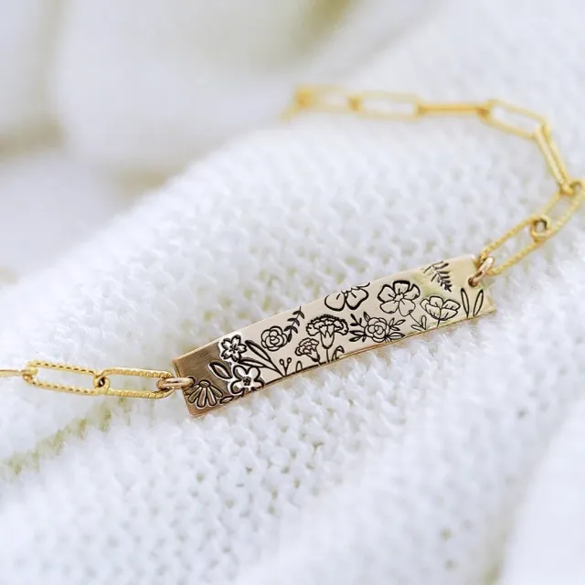 WordsByHeartCo Floral Bar bracciale paperclip argento 925 regolabile