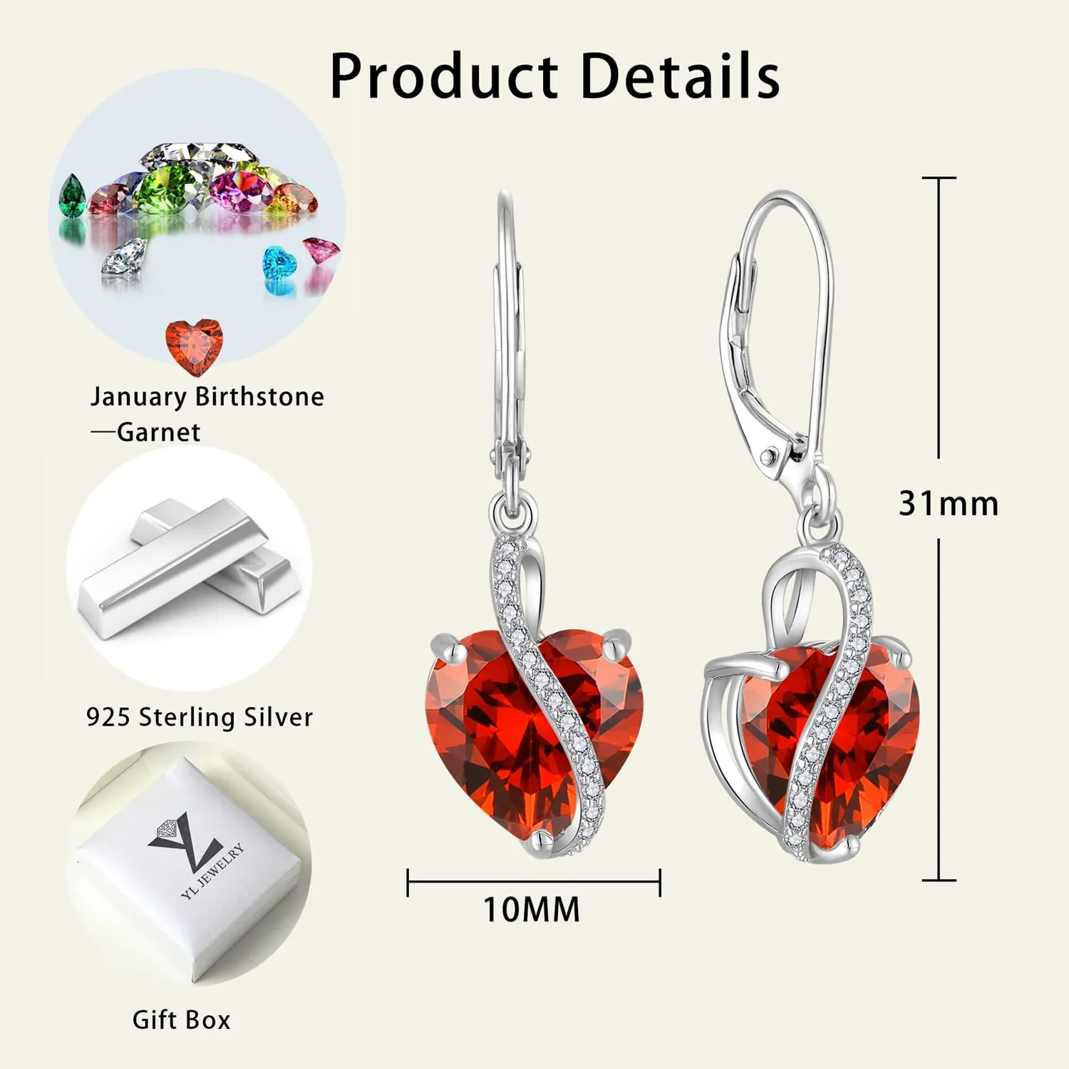 YL orecchini cuore argento 925 zirconia birthstone