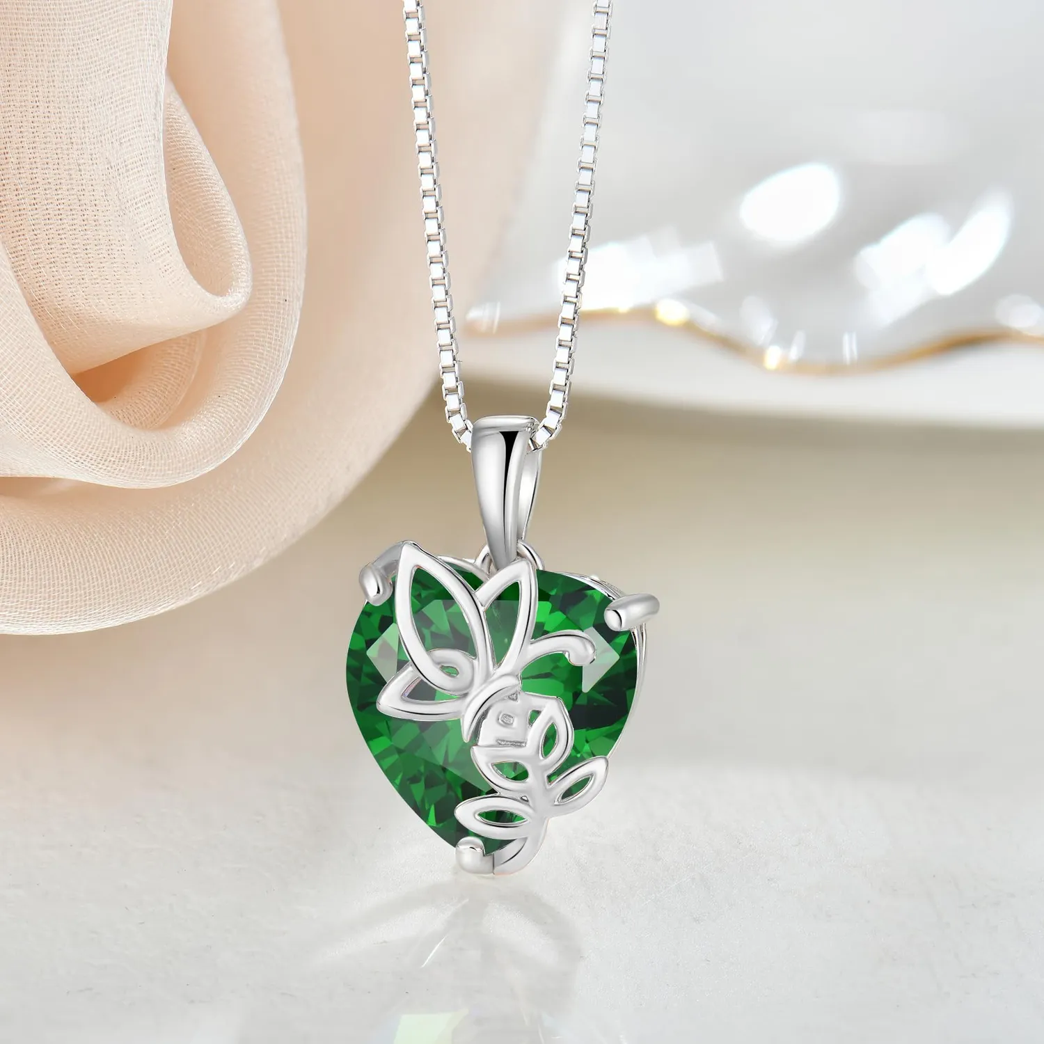 YL Cuore Rosa Farfalla collana smeraldo maggio argento 925