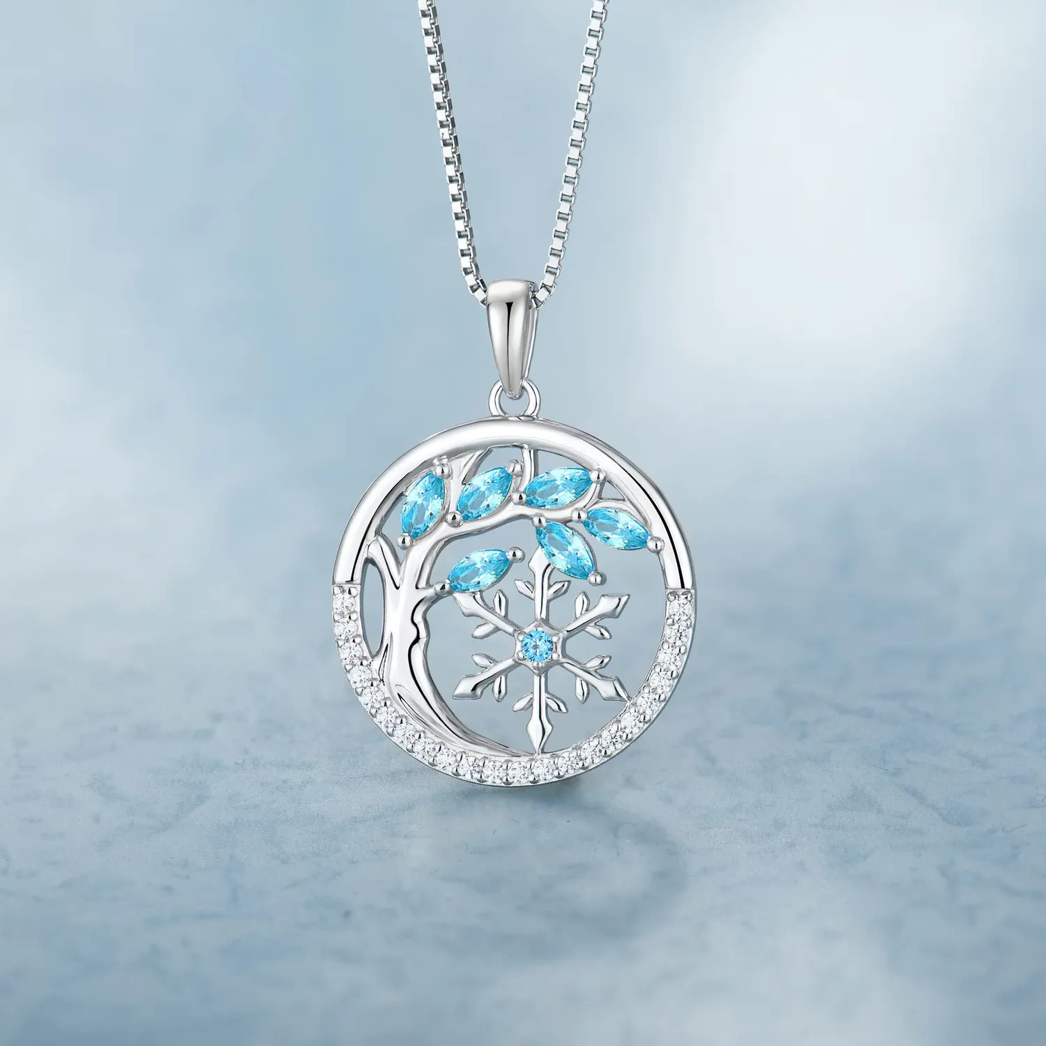 YL Albero Vita Fiocco Neve collana argento 925 acquamarina marzo